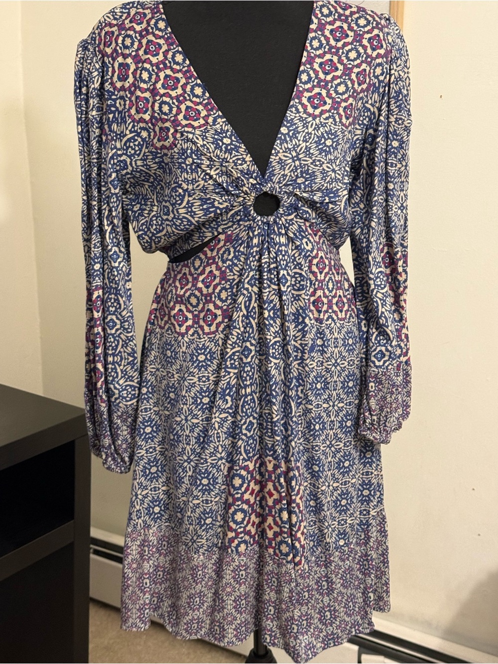 Angie Blue and Purple Printed Tie-Front Midi Dress